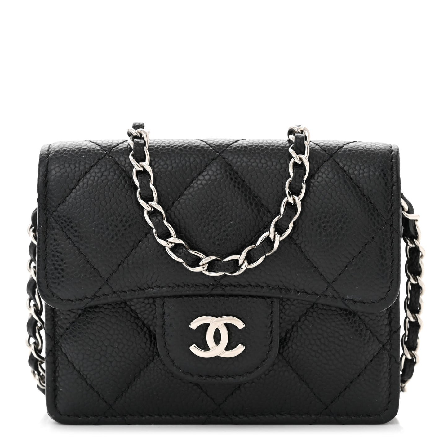 Caviar Quilted Flap Card Holder On Chain Black
