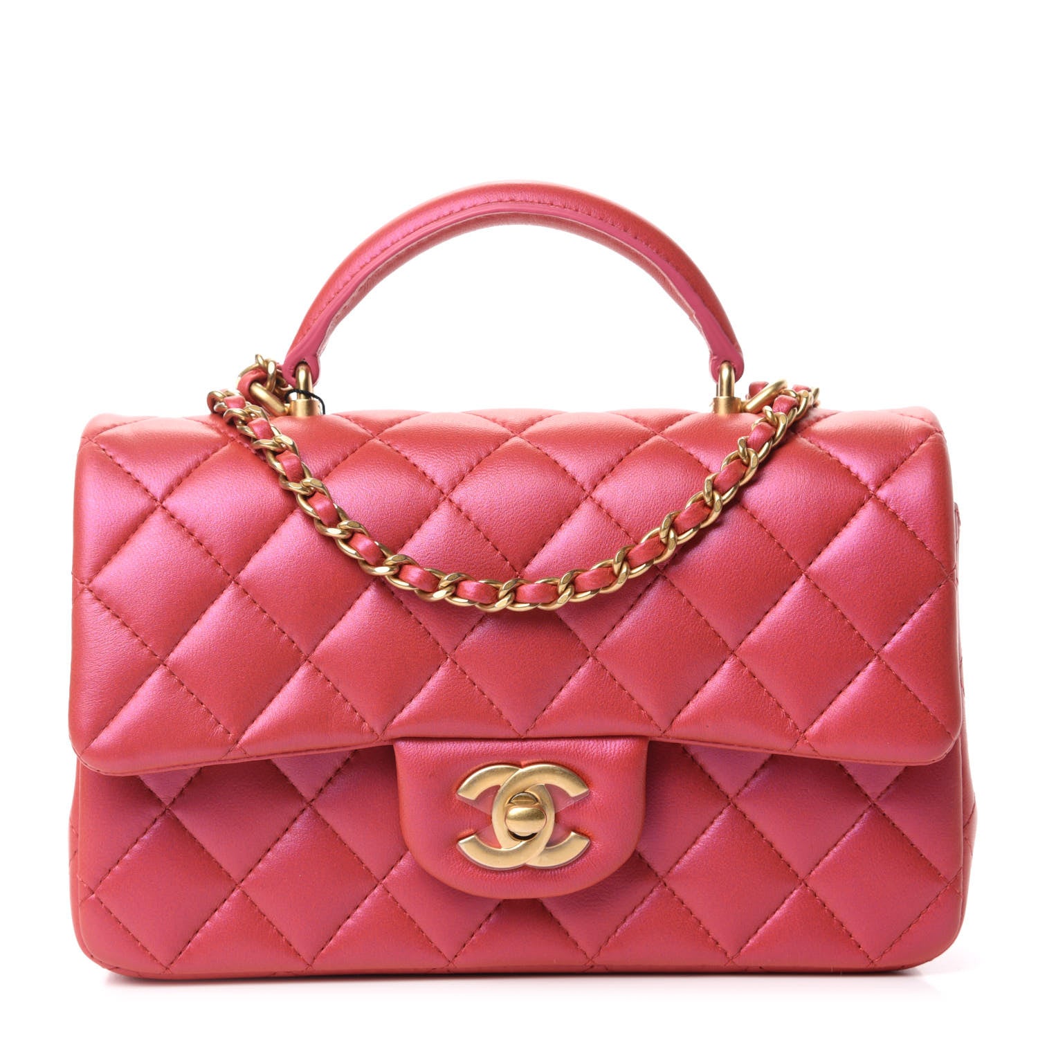 Chanel Iridescent Lambskin Quilted Mini Top Handle Rectangular Flap Red 1 of 11