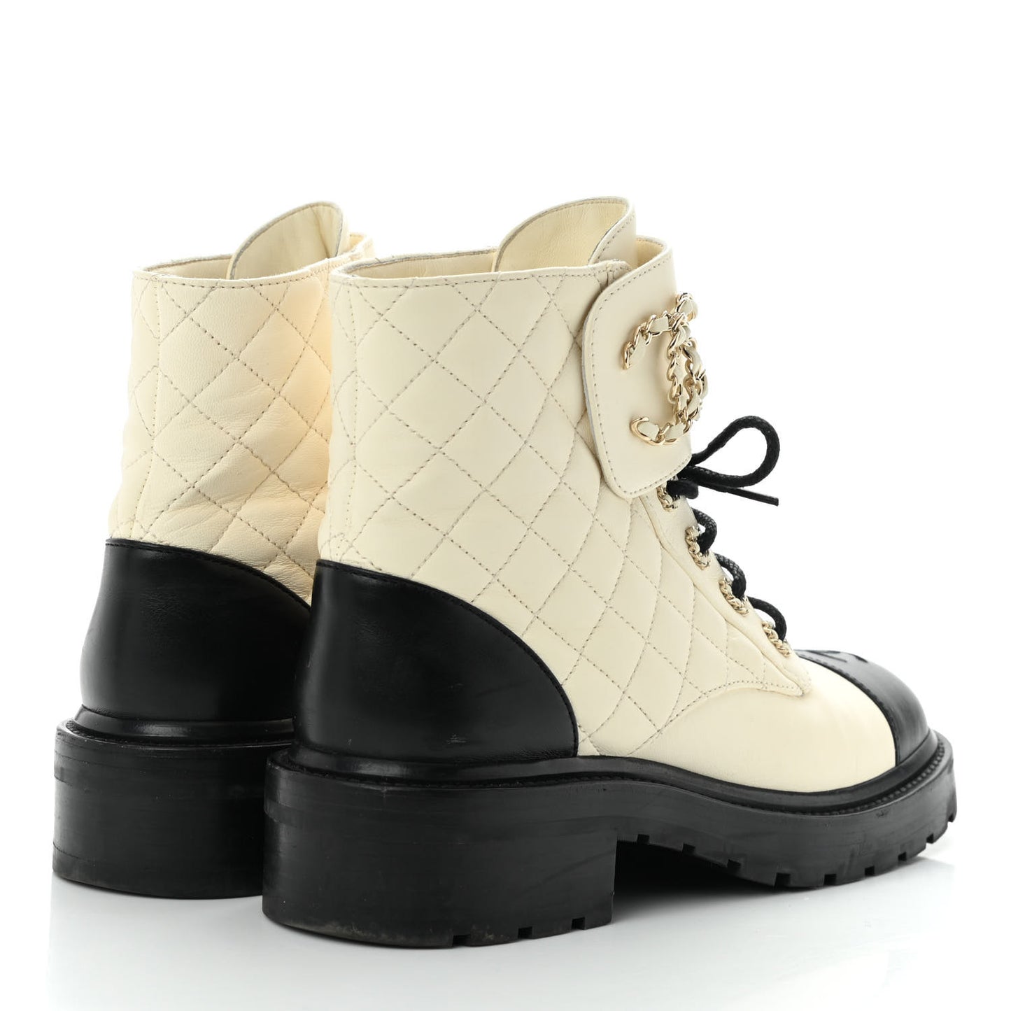 Shiny Goatskin Calfskin Quilted Lace Up Combat Boots 38.5 White Black