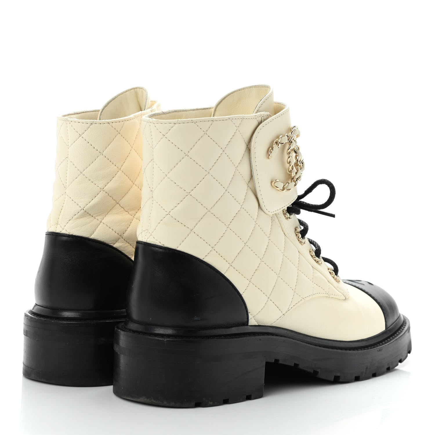 Chanel Shiny Goatskin Calfskin Quilted Lace Up Combat Boots 38.5 White Black 4 of 8