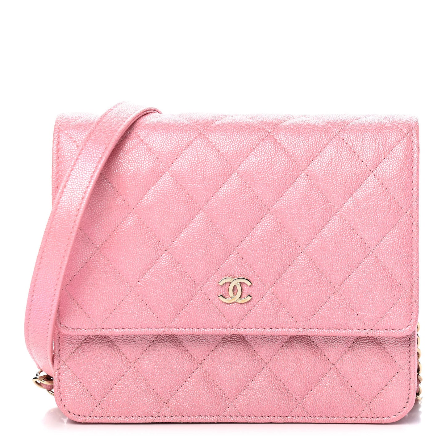 Iridescent Caviar Quilted Square Wallet On Chain WOC Rose Pink