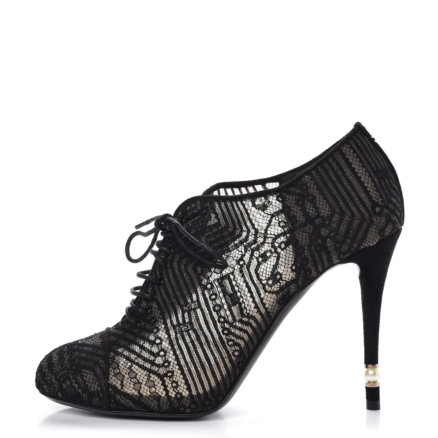 Lace Mesh Kid Suede Pearl Lace Up Booties 40 Black
