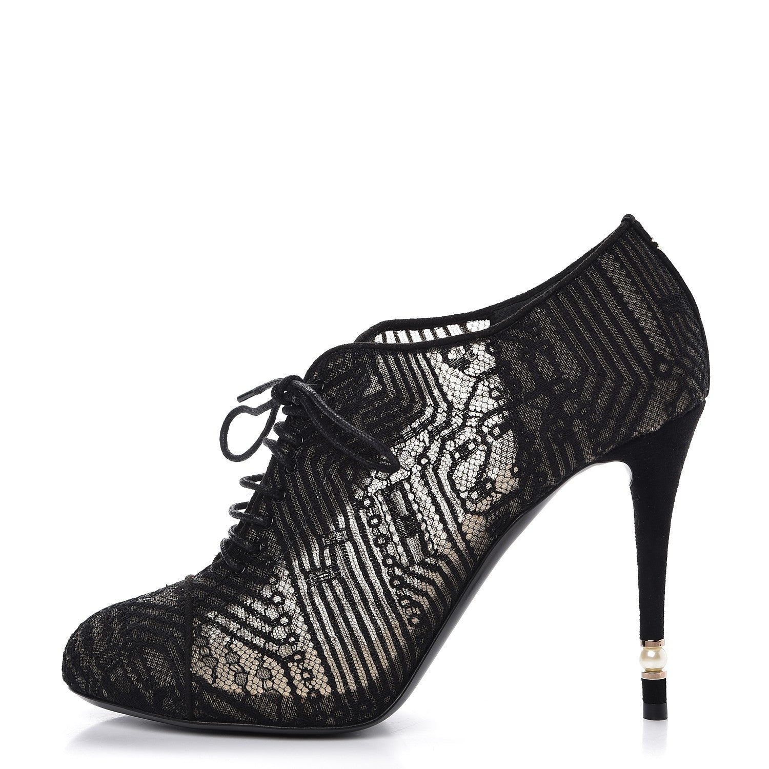 Chanel Lace Mesh Kid Suede Pearl Lace Up Booties 40 Black 1 of 10