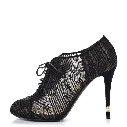 Chanel Lace Mesh Kid Suede Pearl Lace Up Booties 40 Black 1 of 10
