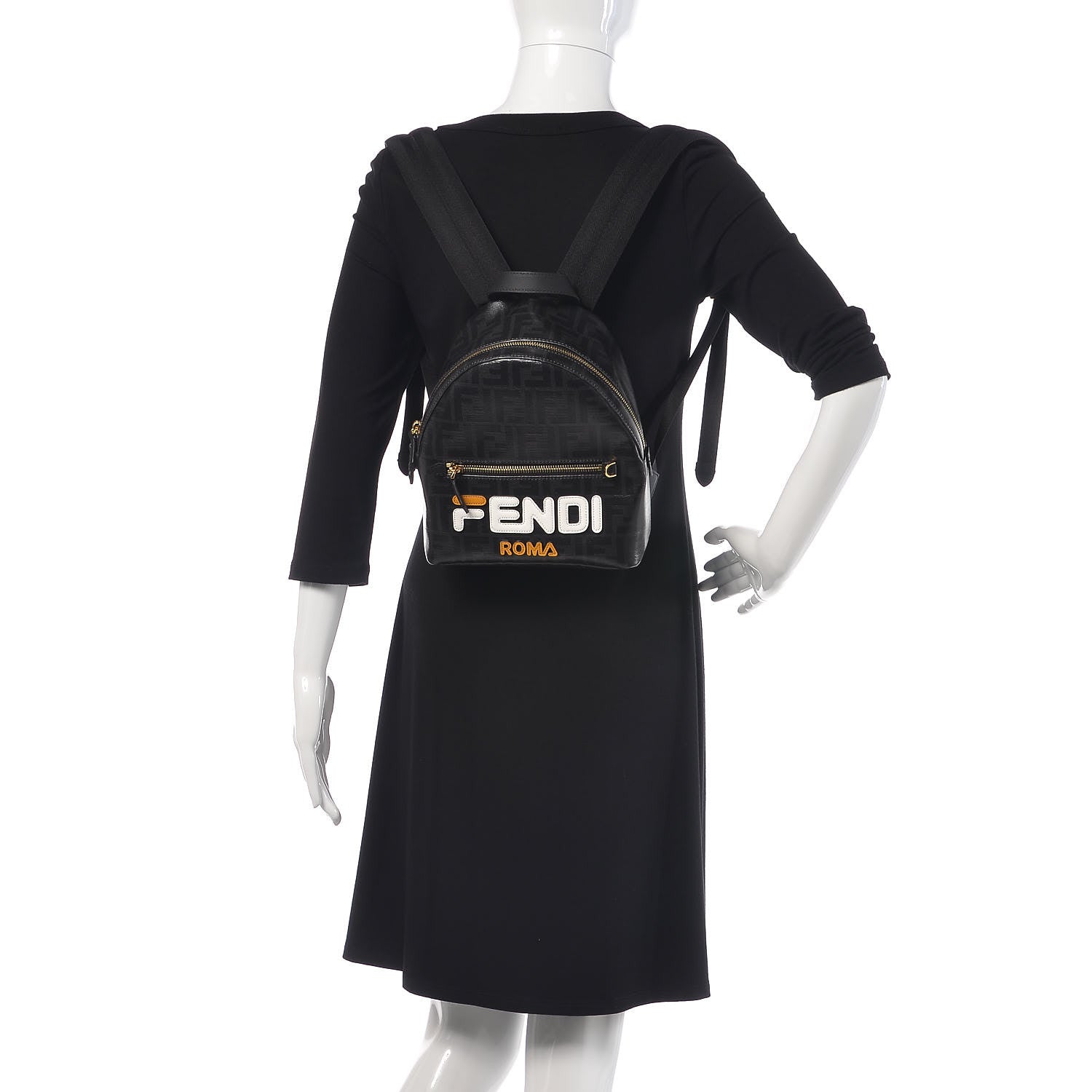 Fendi X FILA Glazed Fabric Vitello Century FF 1974 Mania Mini Backpack Black White 2 of 10