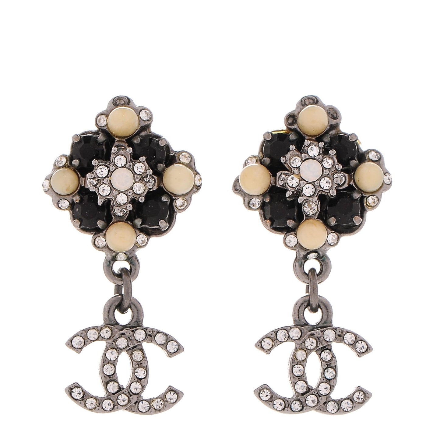 Crystal Bead CC Dangle Earrings Silver Black