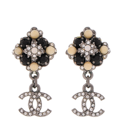 Chanel Crystal Bead CC Dangle Earrings Silver Black 1 of 5