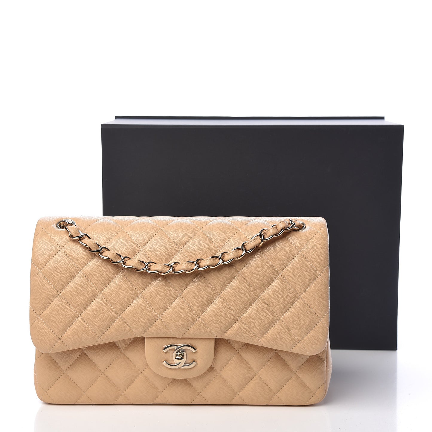 Caviar Quilted Jumbo Double Flap Beige Clair