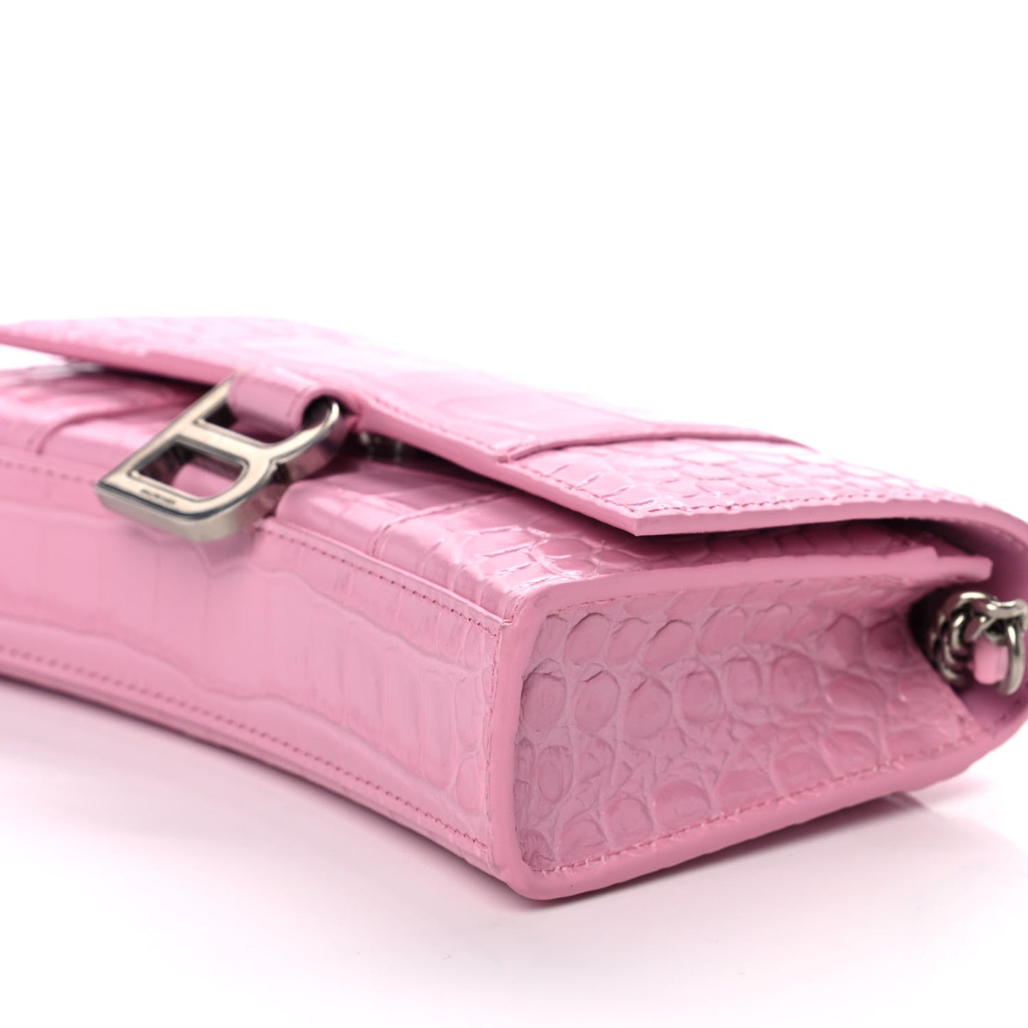 Shiny Calfskin Crocodile Embossed Hourglass Chain Bag Candy Pink