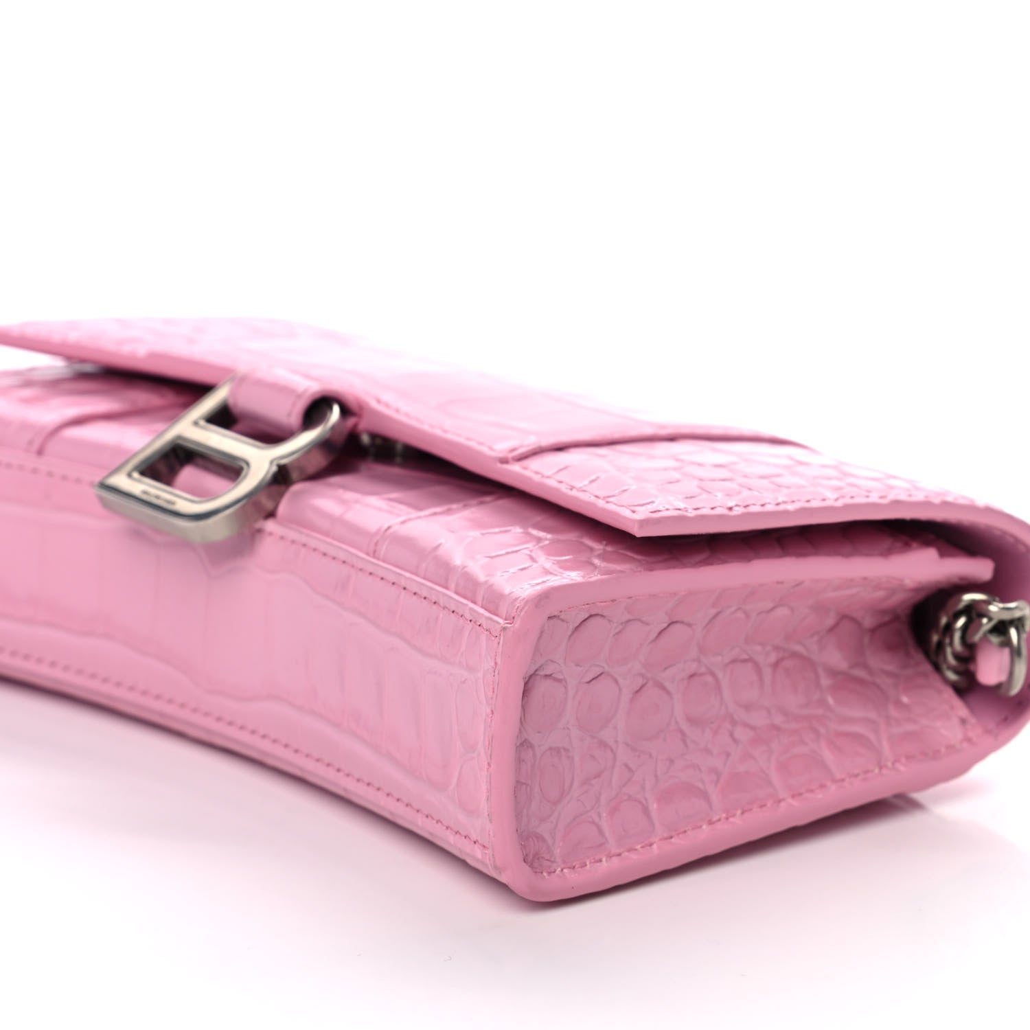 Balenciaga Shiny Calfskin Crocodile Embossed Hourglass Chain Bag Candy Pink 8 of 11
