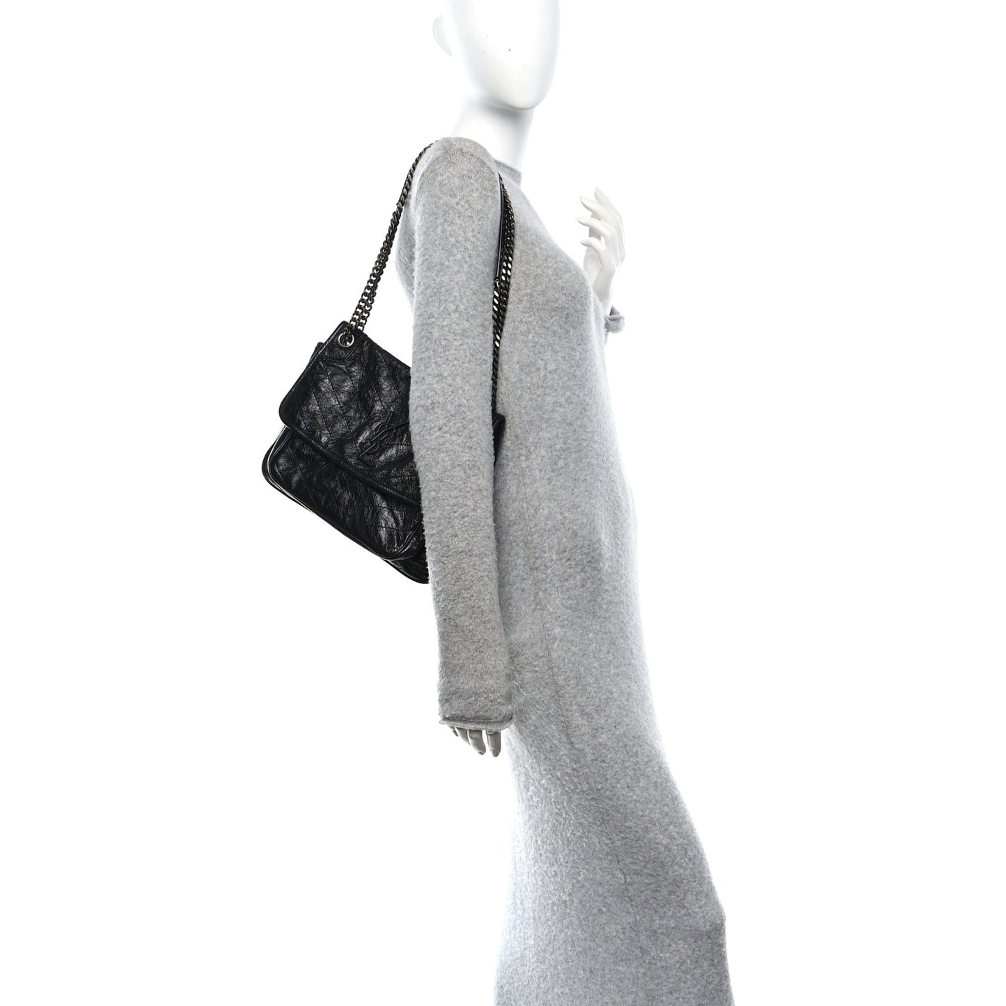 Crinkled Calfskin Matelasse Monogram Medium Niki Chain Satchel Black