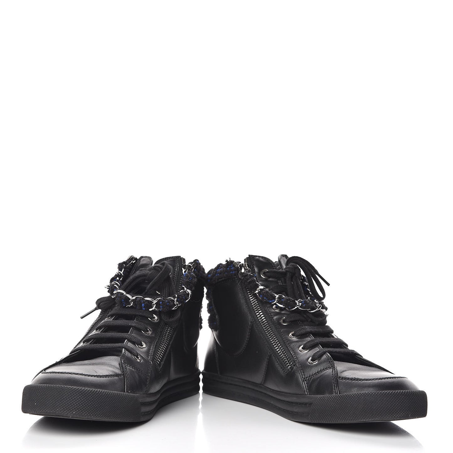 Lambskin Tweed Zipped Sneakers 38 Black Blue