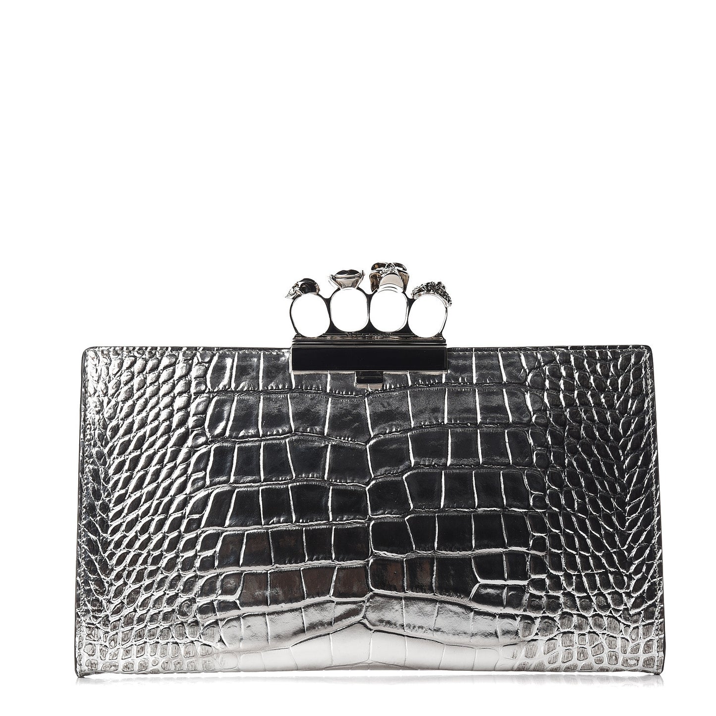 Metallic Crocodile Embossed Calfskin Knuckle Flat Clutch Silver