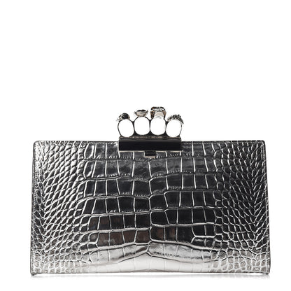 Alexander McQueen Metallic Crocodile Embossed Calfskin Knuckle Flat Clutch Silver 1 of 10