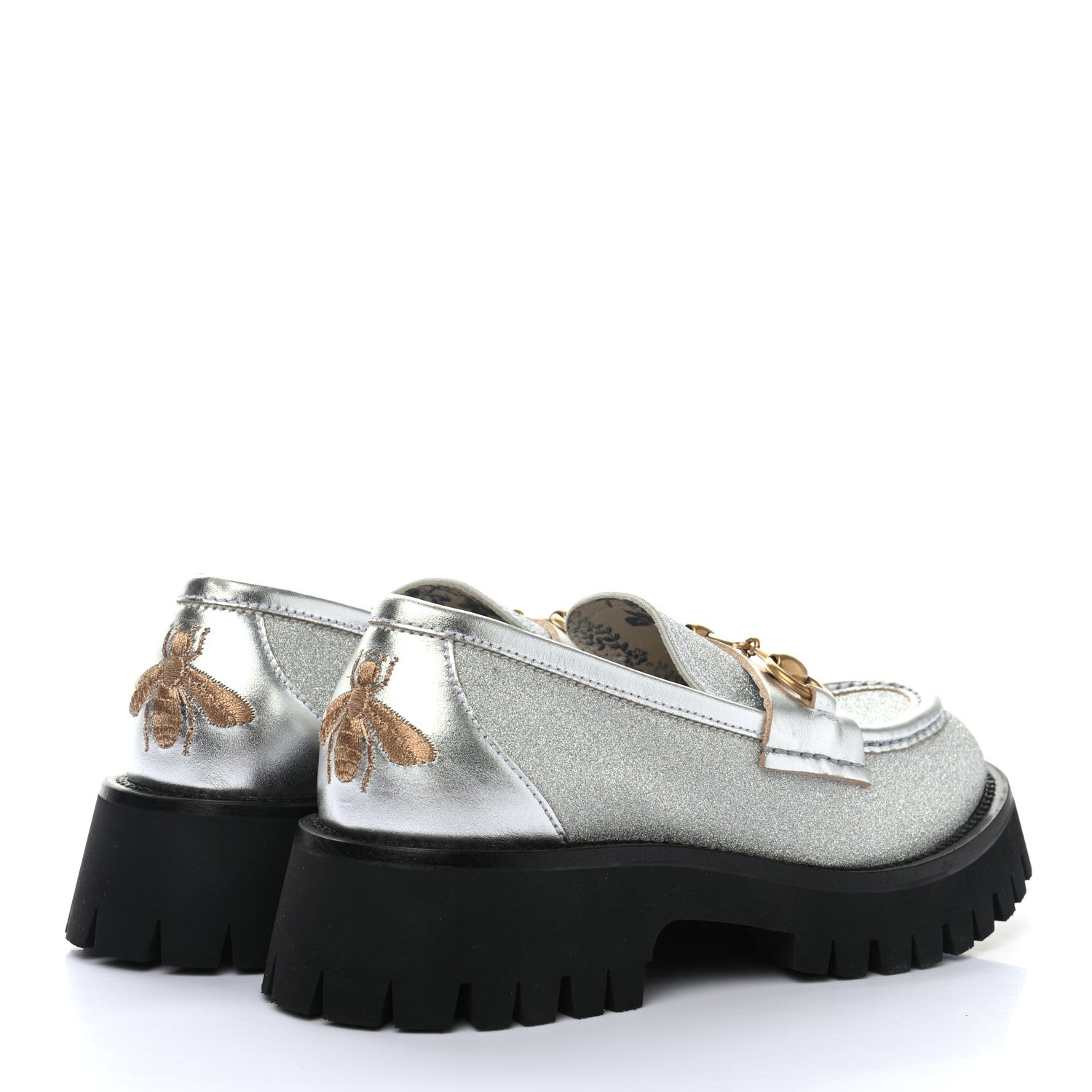 Gucci Mini Diamond Storm Silk Calfskin Womens Harald Horsebit 25mm Platform Loafers 36 Silver 4 of 9