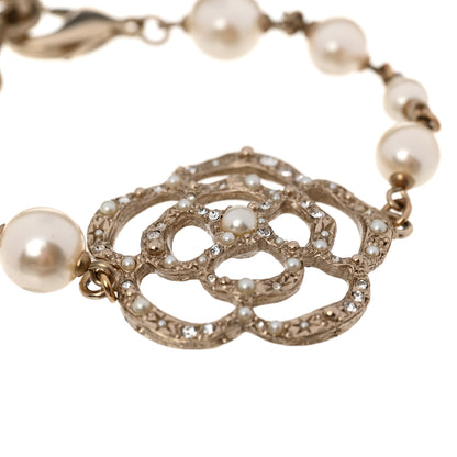 Chanel Swarovski Crystal Pearl Camellia CC Bracelet Gold 4 of 6