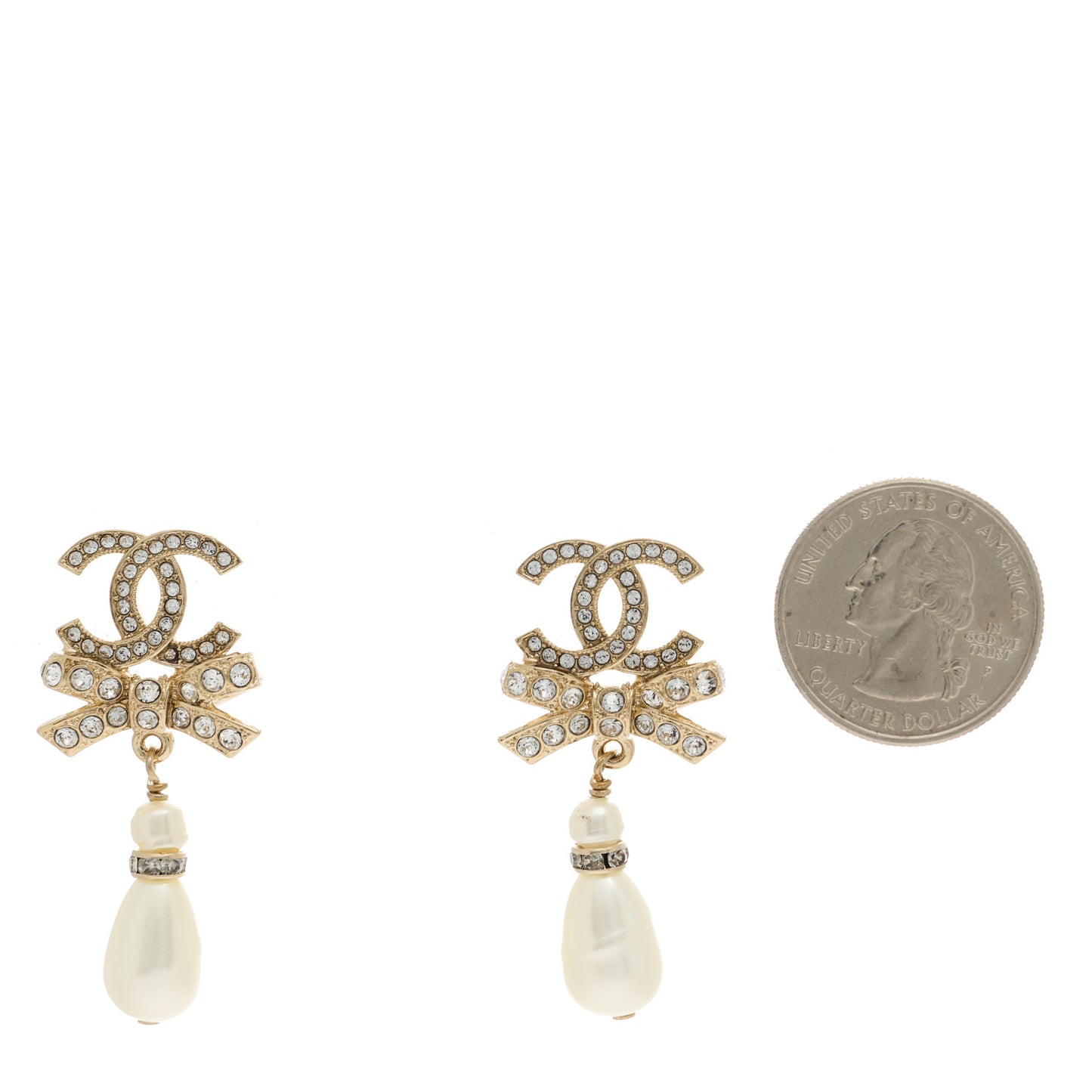 Crystal CC Bow Pearl Drop Earrings Gold Pearly White