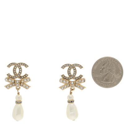 Chanel Crystal CC Bow Pearl Drop Earrings Gold Pearly White 2 of 5