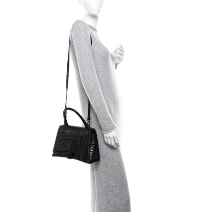 Balenciaga Shiny Calfskin Monochrome Crocodile Embossed Medium Hourglass Top Handle Bag Black 2 of 20