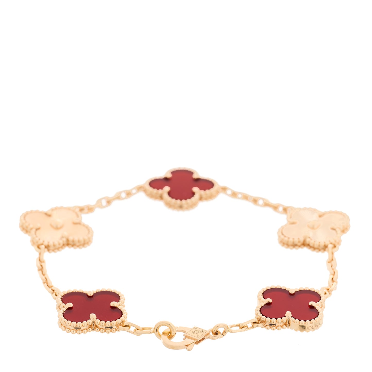 18K Rose Gold Carnelian 5 Motifs Guilloche Vintage Alhambra Bracelet
