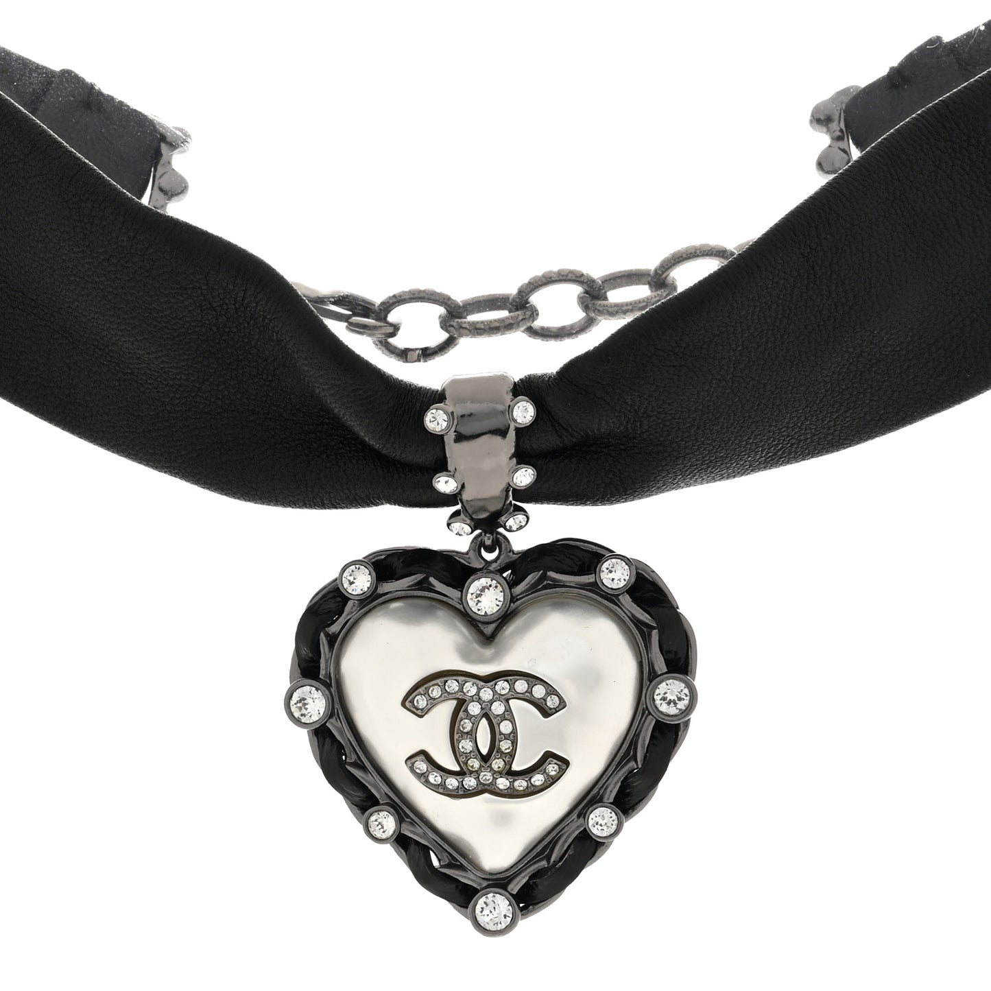 Lambskin Crystal CC Heart Choker Ruthenium Black