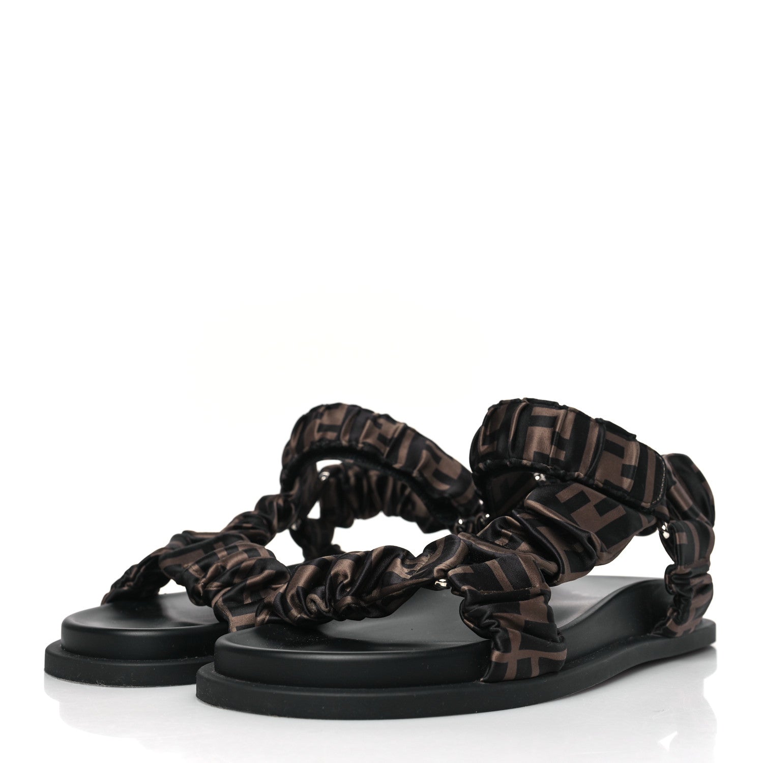 Fendi Satin FF Ruched Sandals 37 Tobacco Black 3 of 7