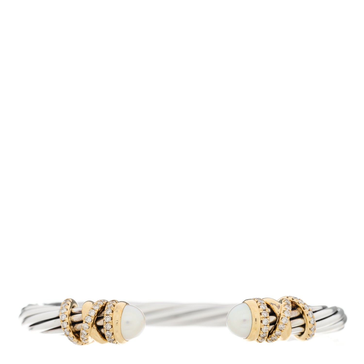 David Yurman Sterling Silver 18K Yellow Gold Diamond Pearl 6mm Helena Cuff Bracelet 1 of 3