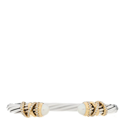 David Yurman Sterling Silver 18K Yellow Gold Diamond Pearl 6mm Helena Cuff Bracelet 1 of 3