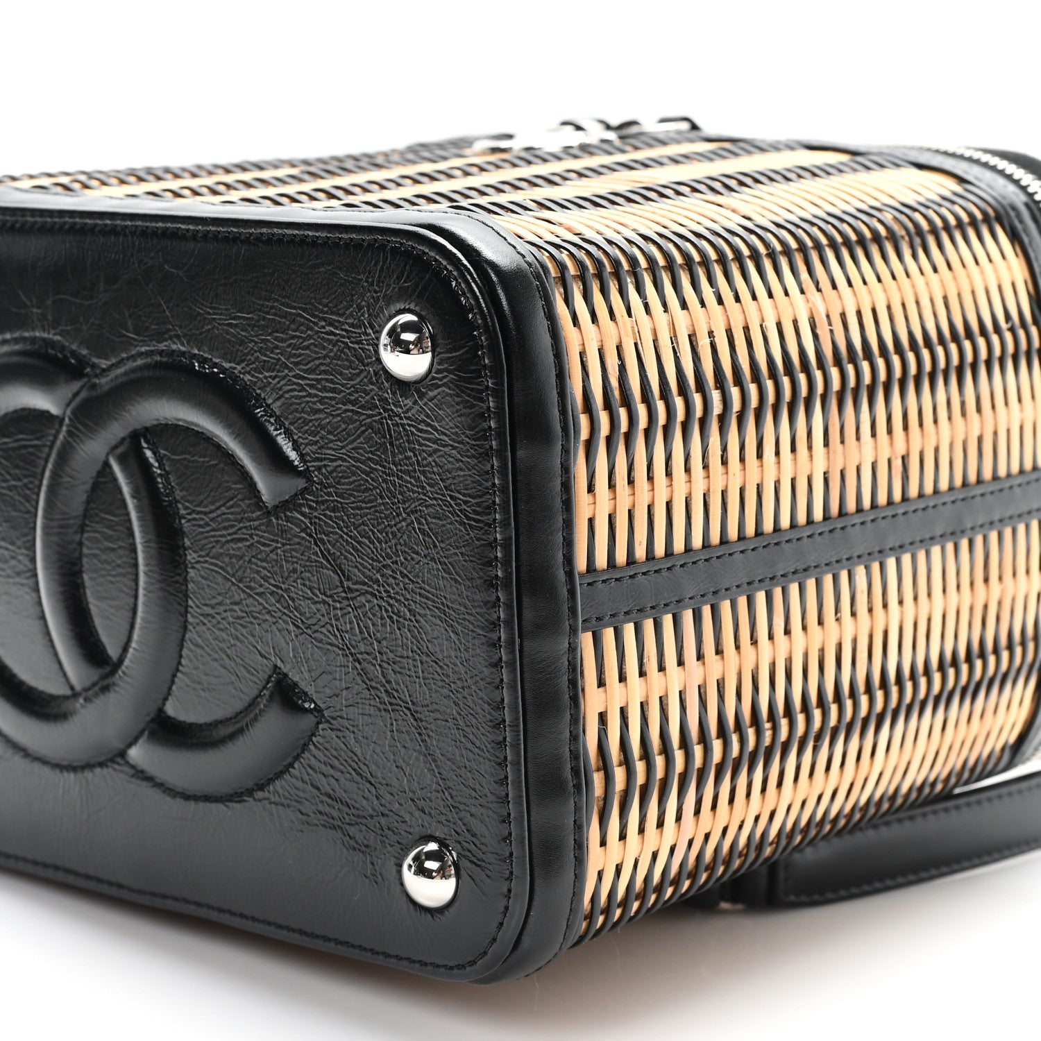 Chanel Glazed Calfskin Raffia Vanity Case Bag Black Beige 1773047