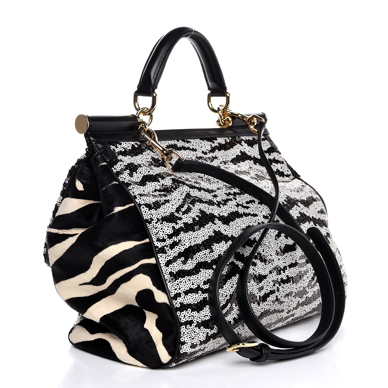 Dolce & Gabbana Calf Hair Sequin Large Miss Sicily Satchel Black White 4 of 8