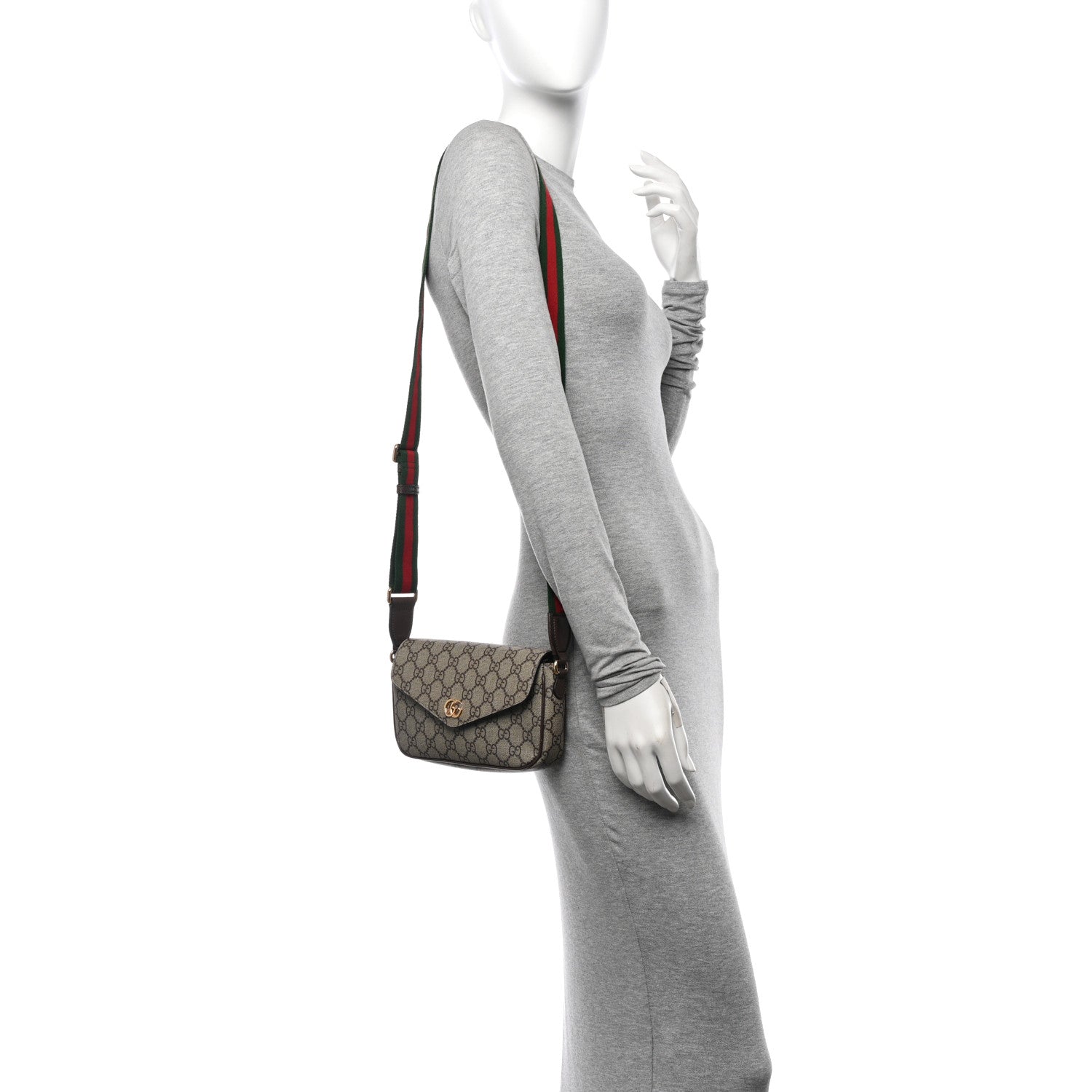 Gucci GG Supreme Monogram Textured Dollar Calfskin Web Mini Ophidia Envelope Shoulder Bag Beige Ebony 2 of 11