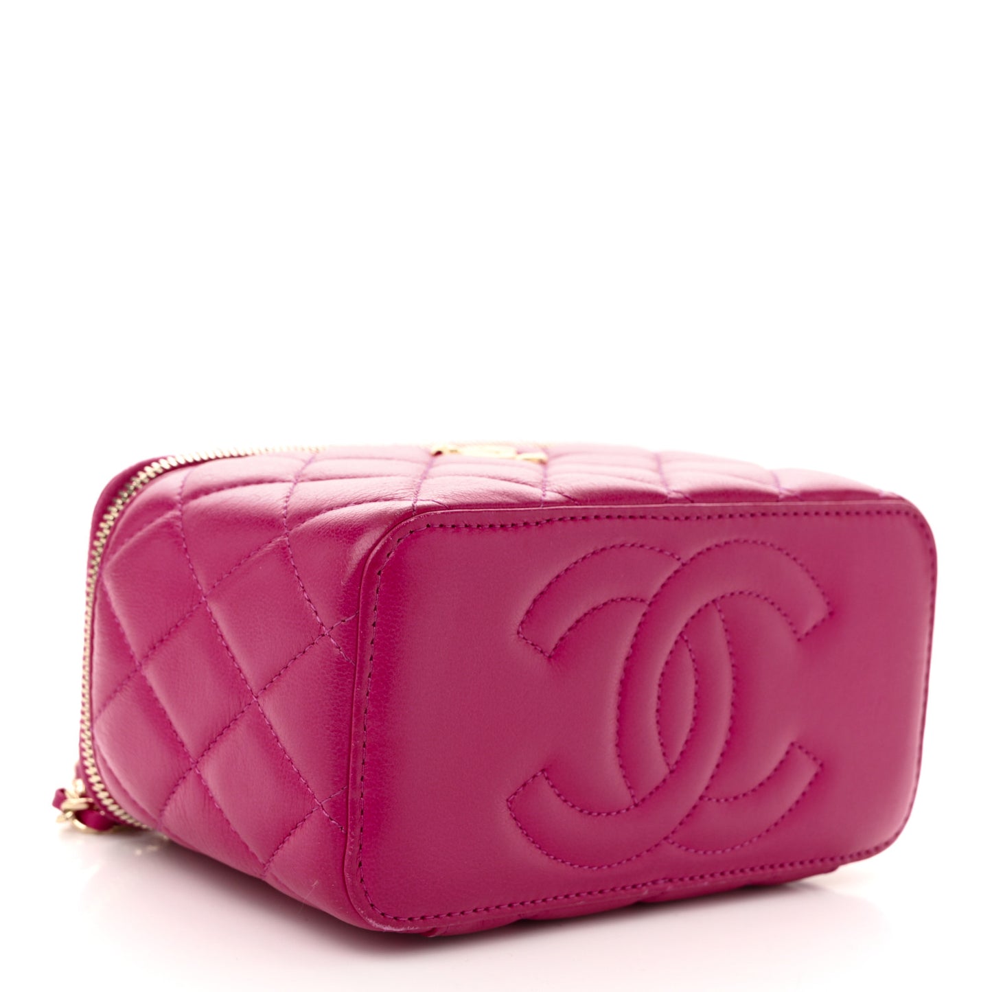 Lambskin Quilted Small Charming Top Handle Vanity Case With Chain Dark Pink
