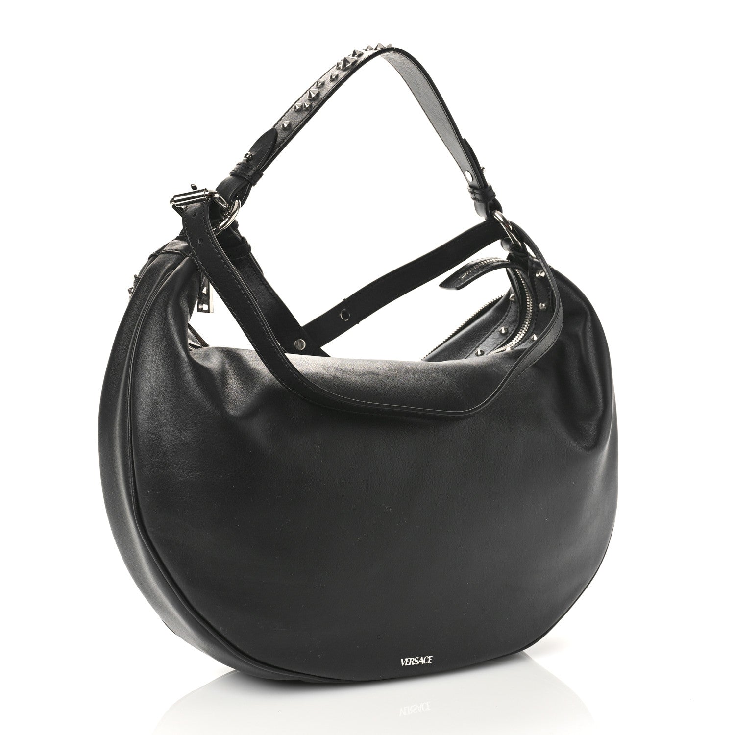 Versace Calfskin Studded Medium Repeat Zip Hobo Black 3 of 8