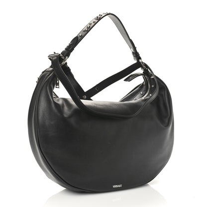 Versace Calfskin Studded Medium Repeat Zip Hobo Black 3 of 8