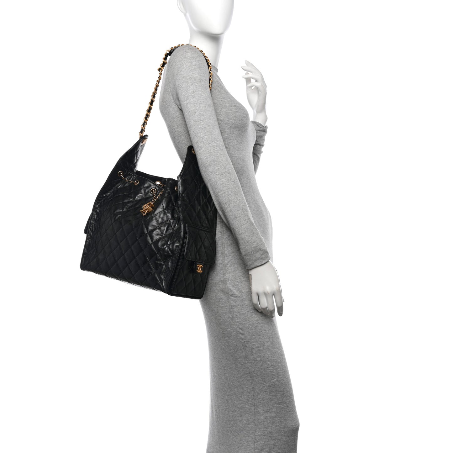 Shiny Crumpled Calfskin Quilted Medium Chanel 25 Handbag Black