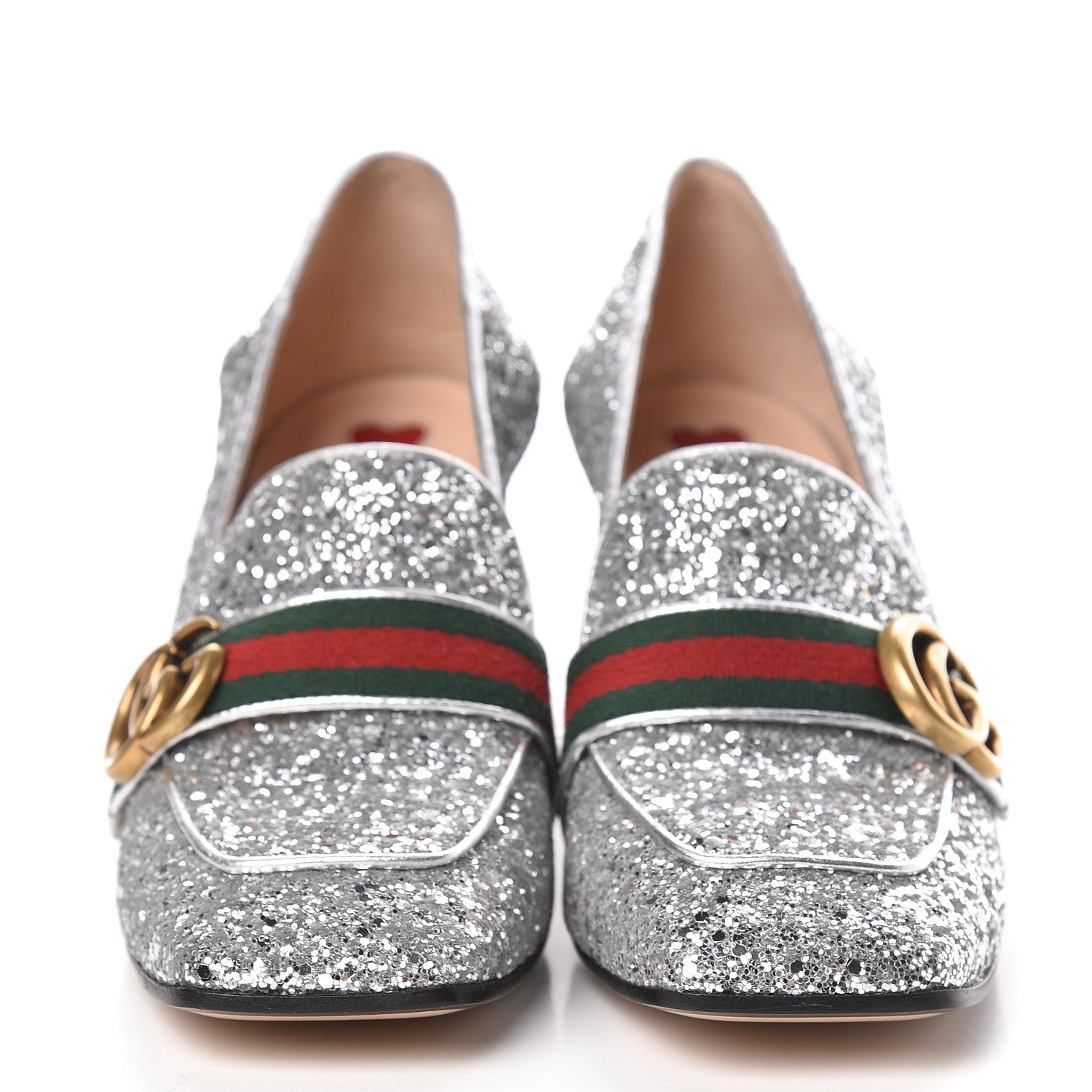 Gucci Glitter Nappa Web Peyton 75mm Loafer Pumps 39 Argento 2 of 10