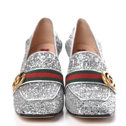 Gucci Glitter Nappa Web Peyton 75mm Loafer Pumps 39 Argento 2 of 10
