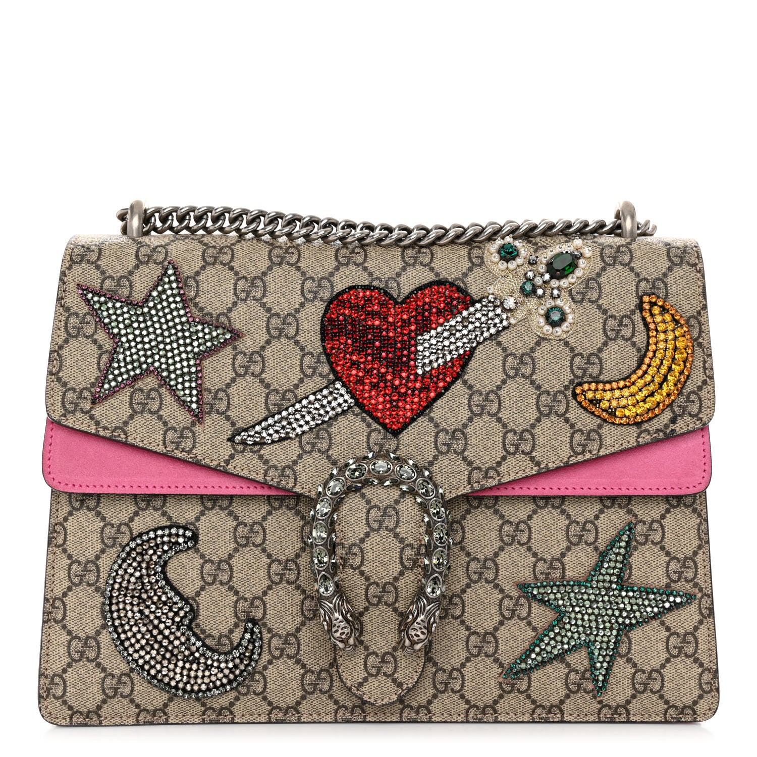 Gucci GG Supreme Monogram Suede Pierced Heart Embroidered Medium Dionysus Shoulder Bag Beige Ebony Pink Tropical Flower 1 of 11