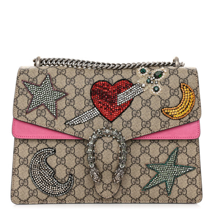 Gucci GG Supreme Monogram Suede Pierced Heart Embroidered Medium Dionysus Shoulder Bag Beige Ebony Pink Tropical Flower 1 of 11