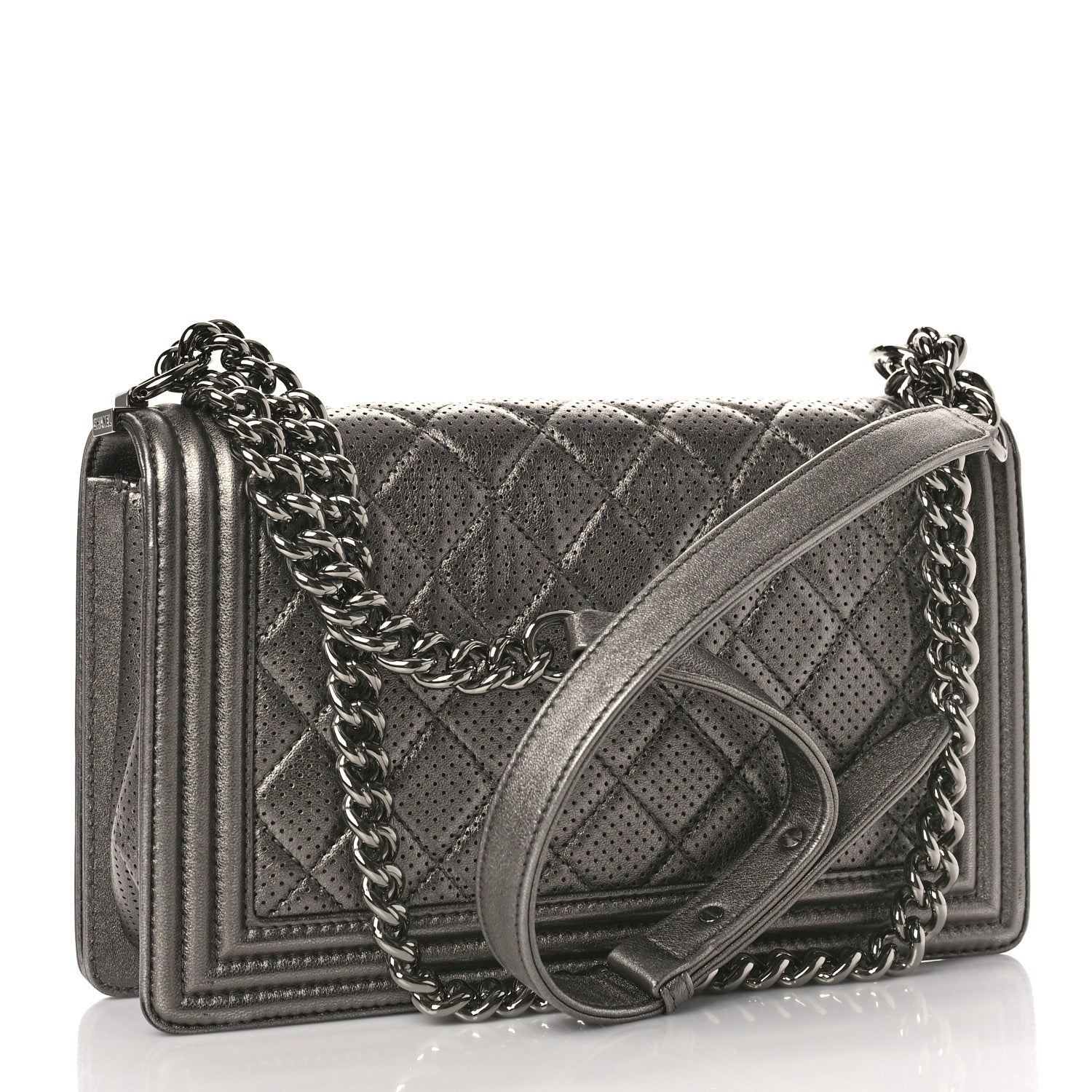 Chanel Metallic Lambskin Perforated New Medium Boy Flap Dark Silver 3 of 12
