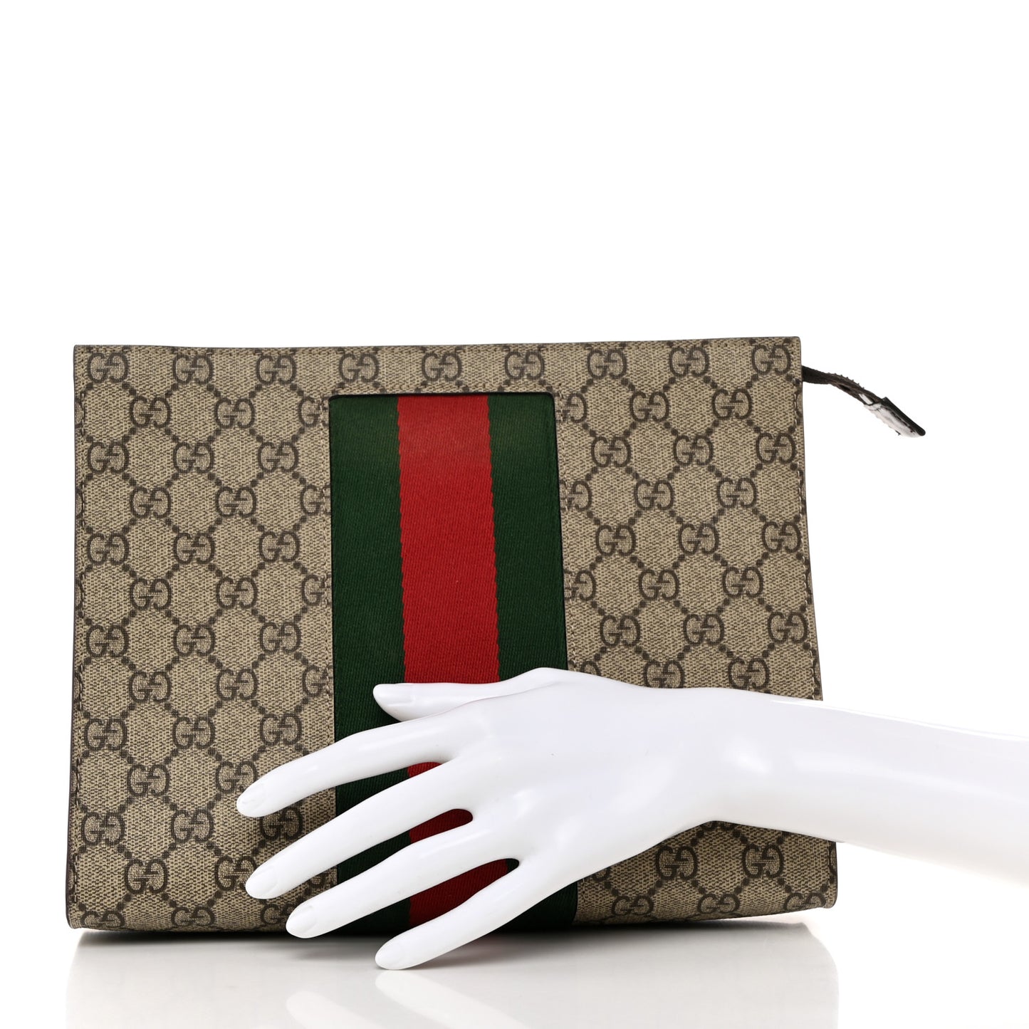 GG Supreme Monogram Selleria Calfskin Web New Web Cosmetic Case Beige Ebony Cocoa