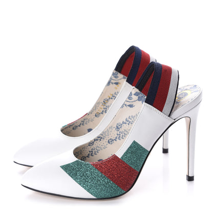 Gucci Calfskin Glitter Web High Heel Slingback Pumps 36 White 2 of 10