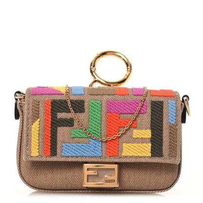 Fendi Canvas Vitello King FF Multicolor Embroidered Nano Baguette Charm Multicolor Cuoio 1 of 12