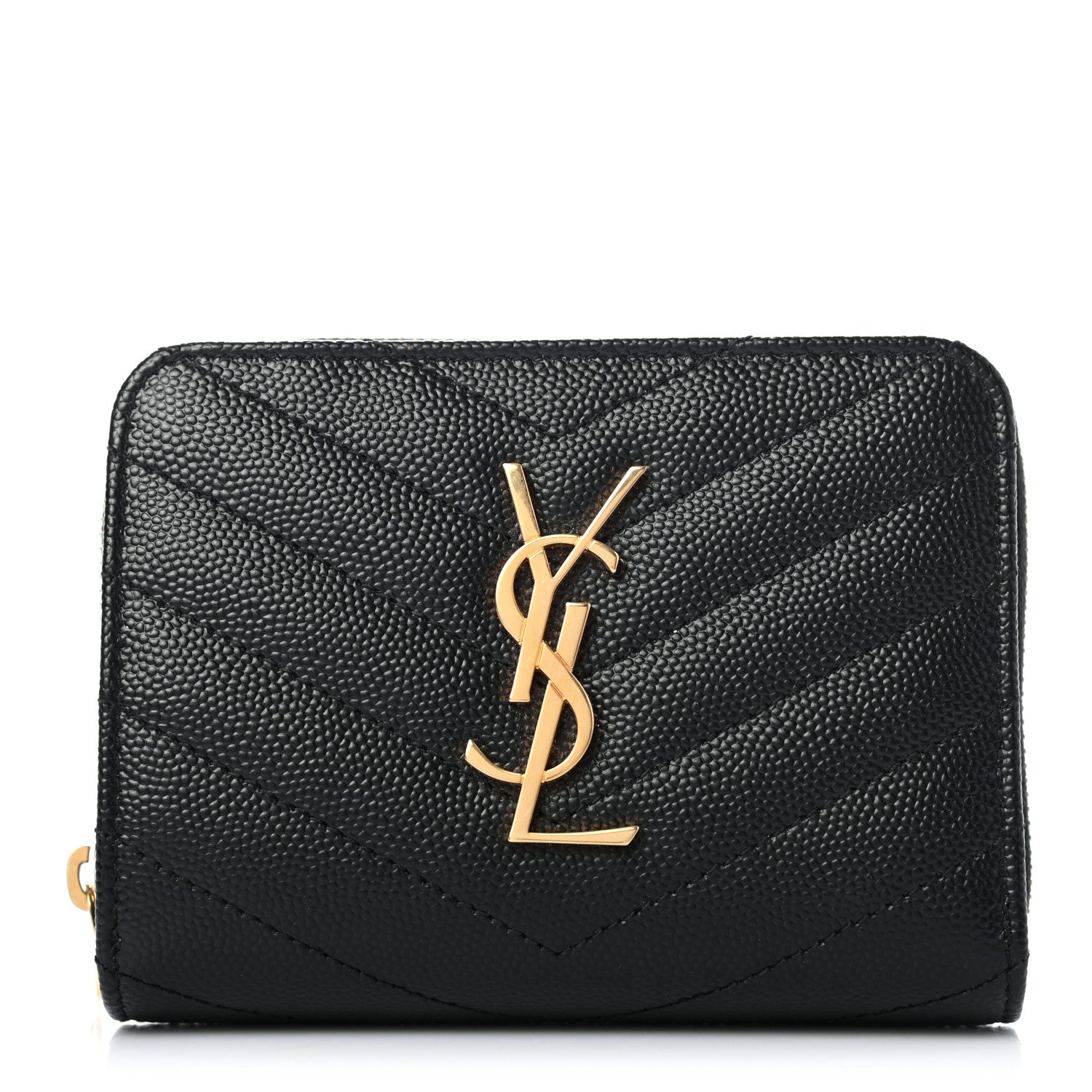 Saint Laurent Grain De Poudre Matelasse Chevron Monogram Compact Zip Around Wallet Black 1 of 7