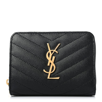 Saint Laurent Grain De Poudre Matelasse Chevron Monogram Compact Zip Around Wallet Black 1 of 7
