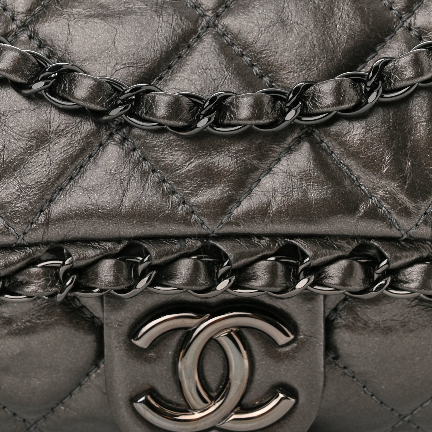 Metallic Aged Calfskin Quilted Small Chain Me Flap Black