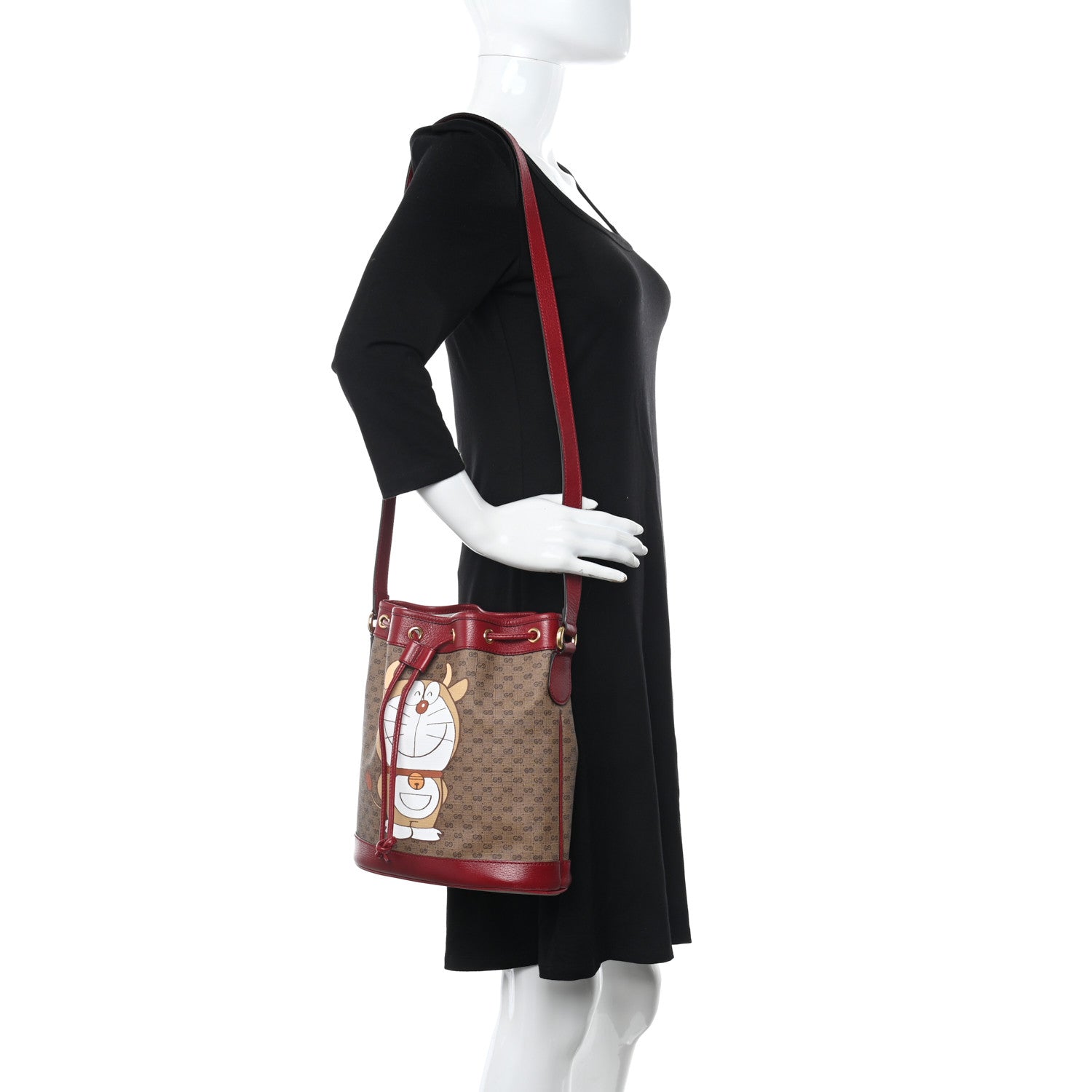 Gucci X DORAEMON Vintage GG Supreme Monogram Small Bucket Bag Beige Cherry Red 2 of 13