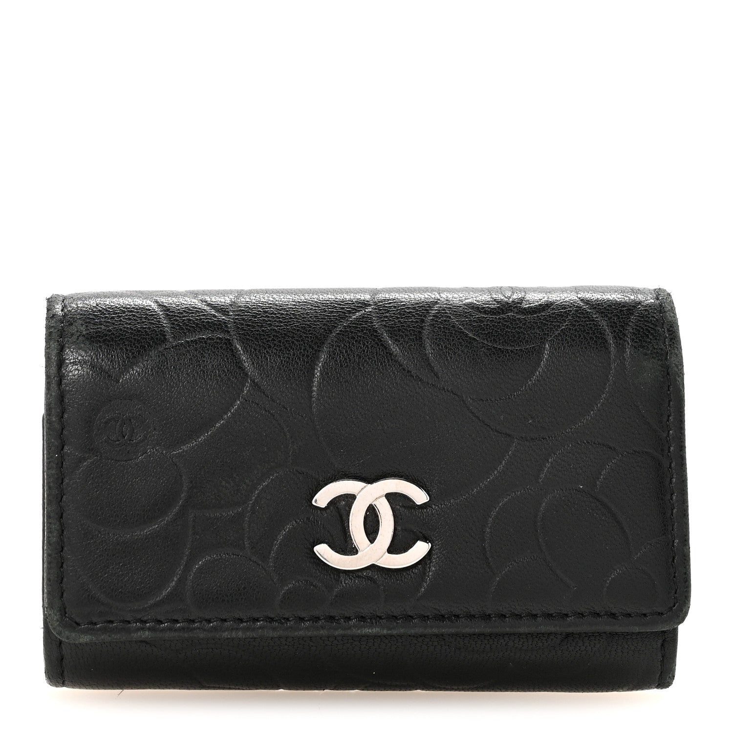 Chanel Lambskin Camellia Embossed 6 Key Holder Black 1 of 8