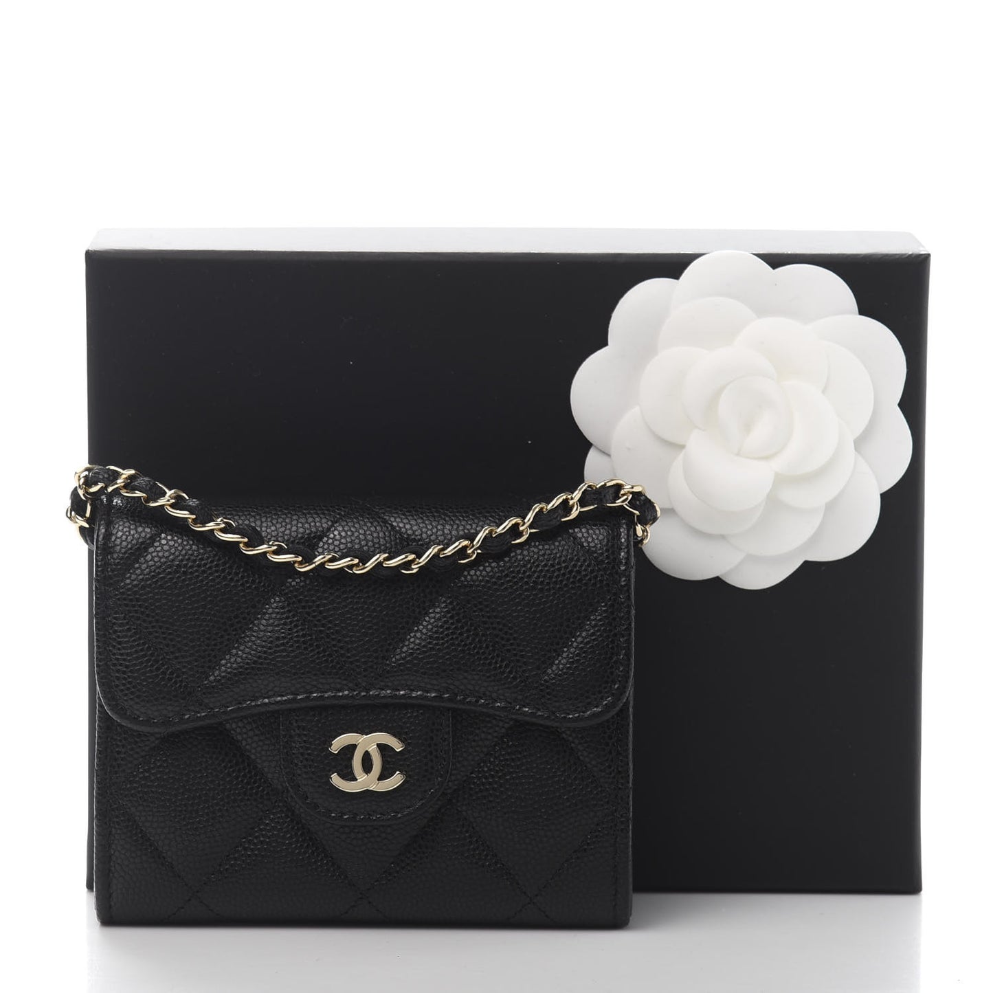 Caviar Quilted Flap Card Holder On Chain Black