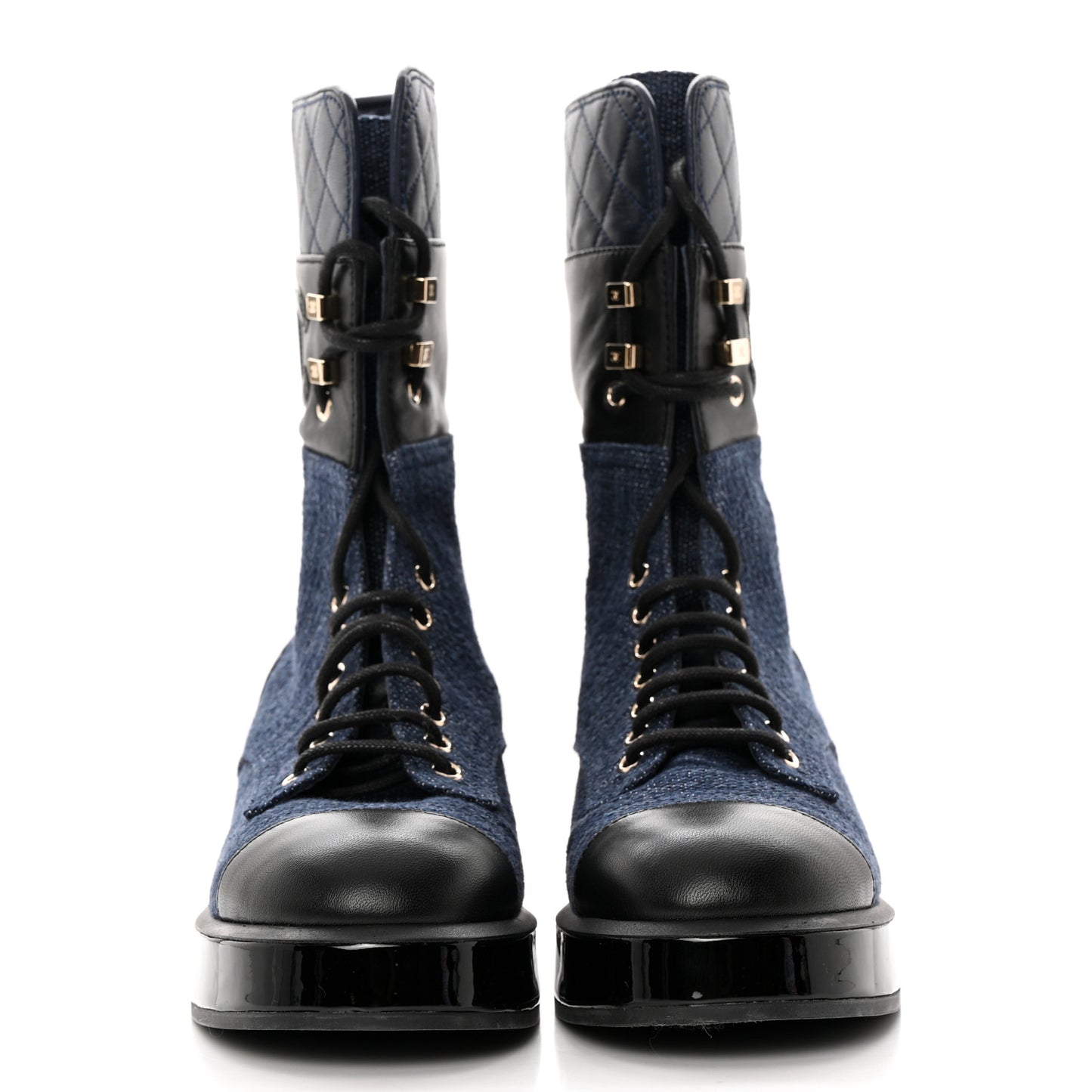 Denim Patent Lambskin Quilted CC Lace Up Combat Boots 36 Blue Black